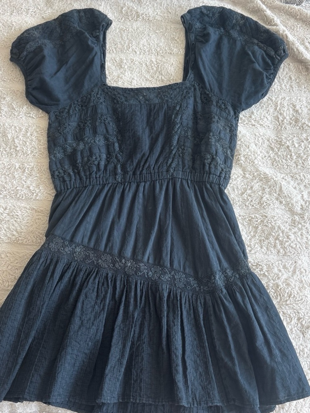 LoveShackFancy Navy Blue Puff Sleeve Lace Trim Mini Dress